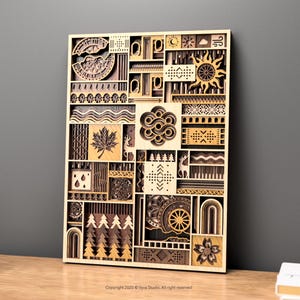 May include: Wooden wall art featuring a geometric design with various shapes and patterns. The artwork includes a sun, clouds, a maple leaf, and other nature-inspired elements. The piece is made of light and dark wood tones, creating a layered effect.