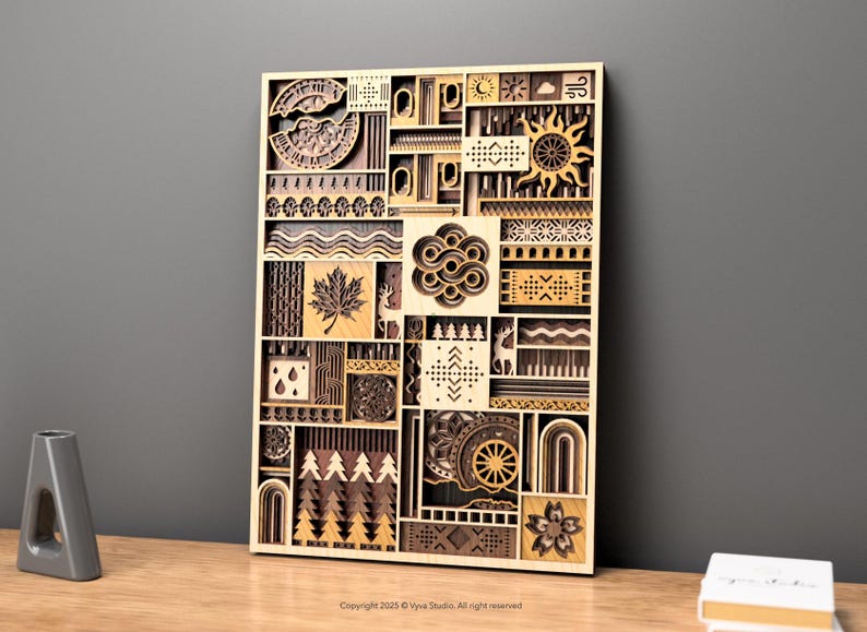 May include: Wooden wall art featuring a geometric design with various shapes and patterns. The artwork includes a sun, clouds, a maple leaf, and other nature-inspired elements. The piece is made of light and dark wood tones, creating a layered effect.