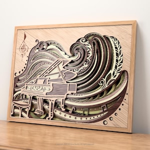 May include: A layered wooden art piece featuring a grand piano set against a stylized wave design. The artwork uses shades of brown, beige, and green, framed in natural wood. The piano and wave are intricately cut.