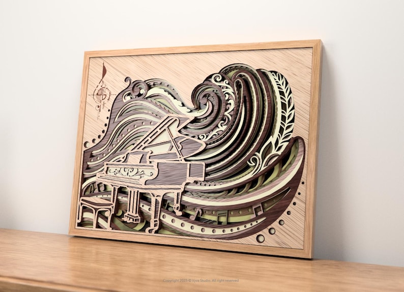May include: A layered wooden art piece featuring a grand piano set against a stylized wave design. The artwork uses shades of brown, beige, and green, framed in natural wood. The piano and wave are intricately cut.