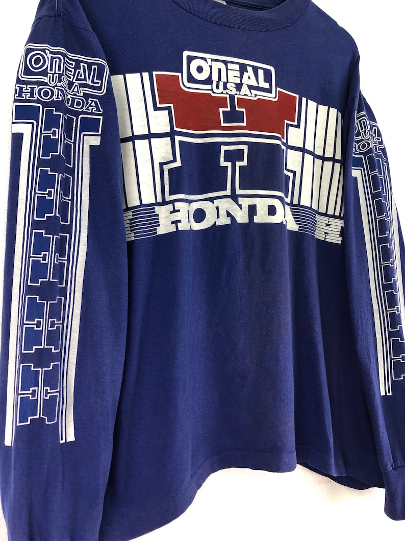 Vintage HONDA O/'neal Usa Tshirt Long Sleeve Spell Out Big Logo Blue Color Streetwear Motocross Activewear Clothing Chest 22.5