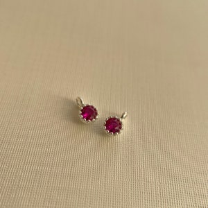 May include: Two silver charms with a red gemstone in the center. Each charm has a decorative border.