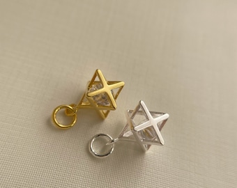 3 pcs, Solid Sterling Silver Cubic Merkaba Star Charm /  8x8mm