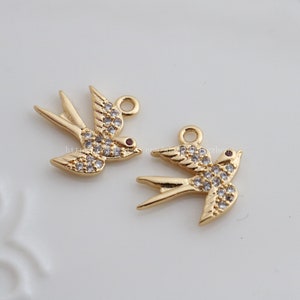 2pcs gold filled delicate crystal bird sparrow charm  (14x15mm)