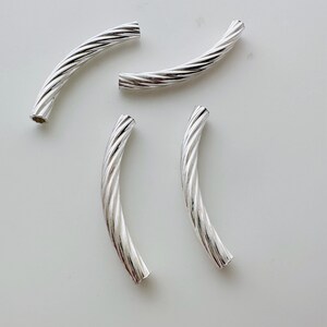 4 pcs, Solid Sterling Silver Curved Tube Beads , 25x3mm, hole 1.5mm