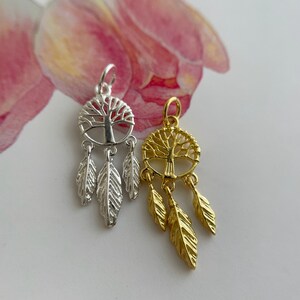 1 de Solid Sterling Silver Tree Dreamcatcher Charm / 23x9mm