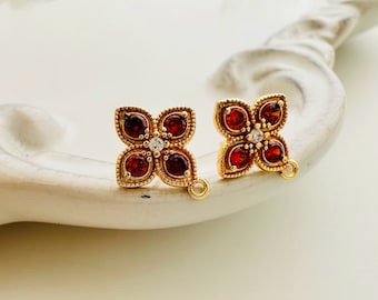 Cubic Zirconia Post Earrings With Loop /  Gold Plated / Sterling Silver Pin / 12x11mm / 1 Pair