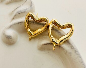 Heart Post Earrings With Loop /  Gold Plated / 15x12mm / 1 Pair