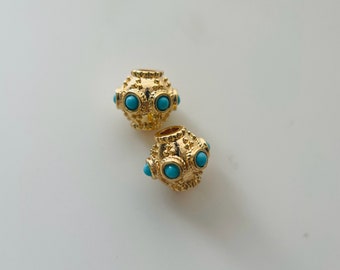 2pc Perles de baril turquoise plaqué or (9 * 11mm / trou 3mm)