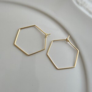 May include: A pair of gold hexagonal hoop earrings. The earrings are simple and elegant, and would make a great addition to any jewellery collection.