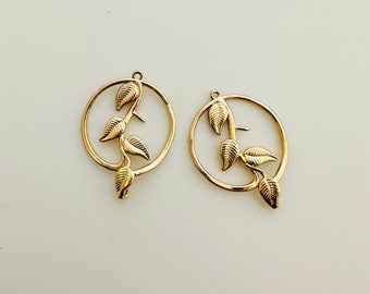 2 Pcs, Leaf Branch Circle Links Connectors / Gold Plated (25x20mm)