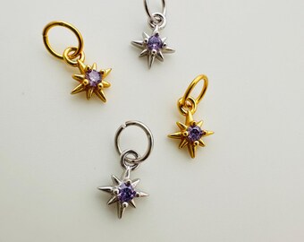 May include: Four starburst charms with purple center stones. Two charms are gold-colored, and two are silver-colored. Each charm has a small loop for attaching to a necklace or bracelet. The charms are on a white background.