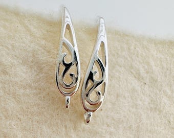 Solid Sterling Silver Earwires Findings, 17x3mm, 1 pair