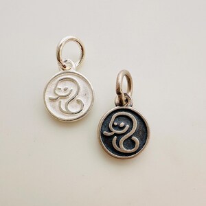May include: Two silver charms, one with a black finish, featuring a stylised snake design. The charms are round and have a loop at the top for attaching to a necklace or bracelet.