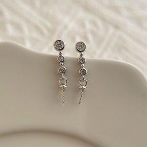 1 pair solid sterling silver cubic zirconia bar earring with peg bail / post earrings findings / earring supplies / 22mm