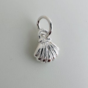 May include: A silver charm in the shape of a seashell with a loop at the top for attaching to a bracelet or necklace.