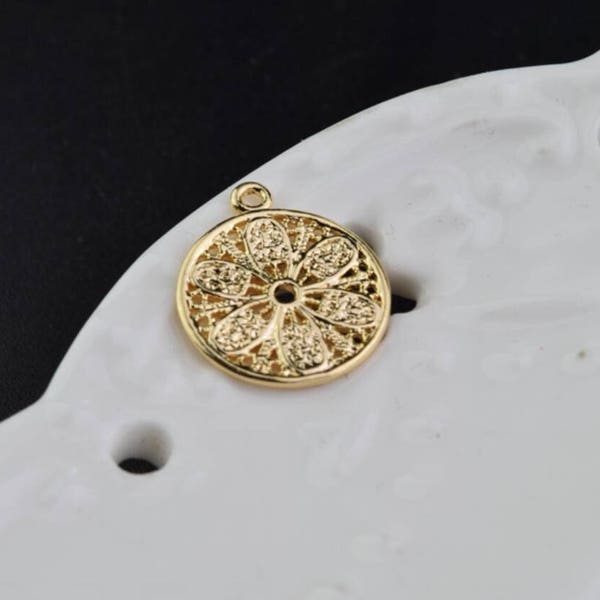 3 of gold filigree flower round charm pendant 14*14mm