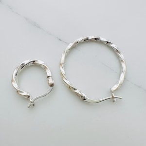 Solid Sterling Silver Twisted Hoop Earrings / 14mm / 24mm / Thickness 1.5mm