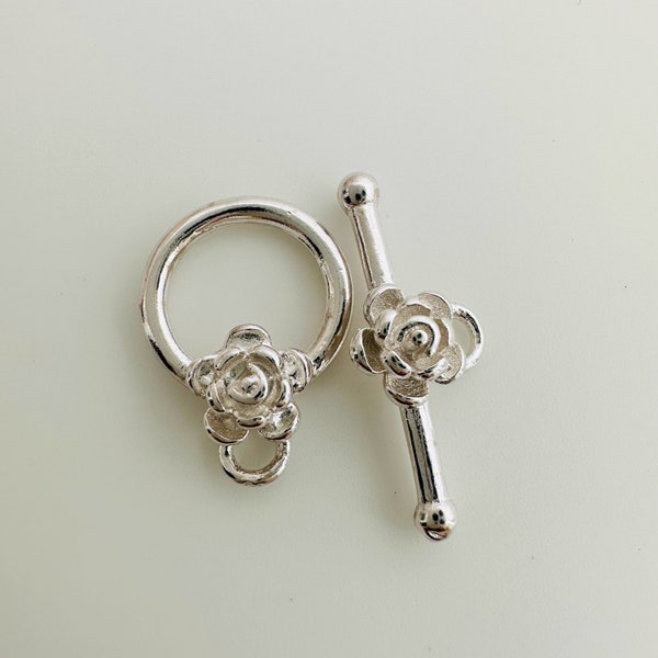 Solid Sterling Silver Flower Toggle Clasp, ring 10mm, bar 18mm