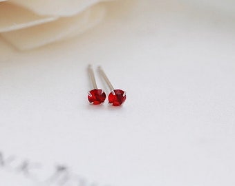 sterling silver red garnet studs, 3mm delicate minimal earring, simple, everyday,git for her