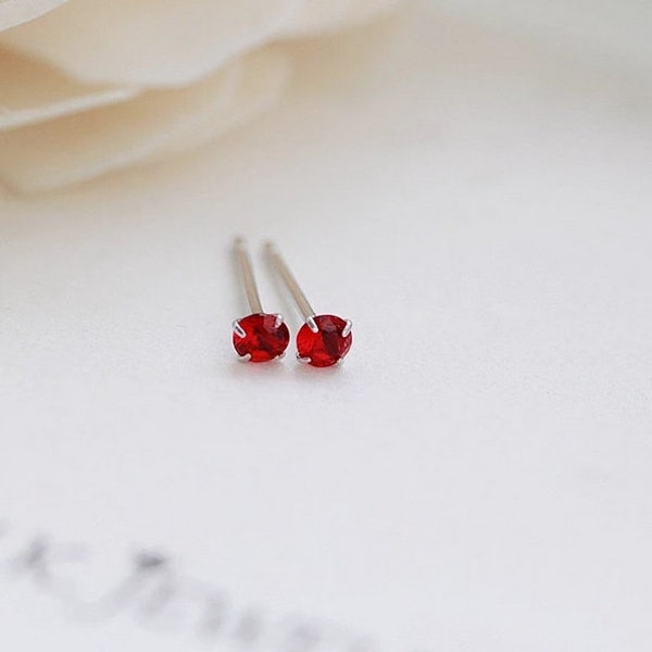 sterling silver red garnet studs, 3mm delicate minimal earring, simple, everyday,git for her