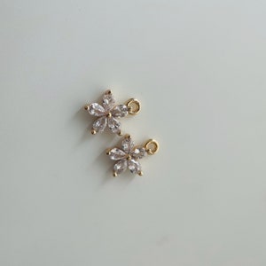2 Pcs , Gold Cubic Zirconia Flower Charms (9x7mm)