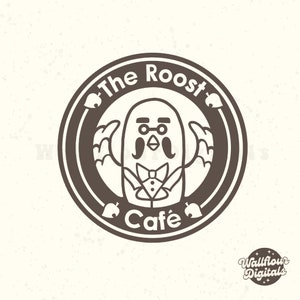 May include: A circular logo featuring a cartoon bird character wearing glasses and a bow tie, with the words "The Roost Café" in a circular design. The logo is in shades of brown and white, with a vintage aesthetic.