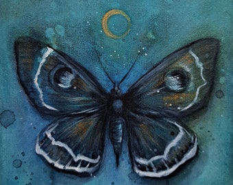Papillon turquoise, bleu, doré acrylique sur toile 8 x 8 pouces