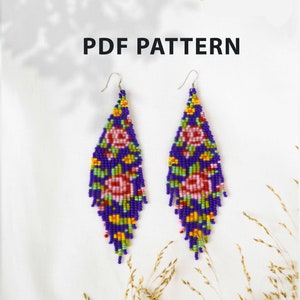 May include: A pair of long, beaded earrings with a floral design. The earrings are purple with pink, yellow, green, and red beads. The earrings are hanging from silver hooks. The text "PDF PATTERN" is at the top of the image.