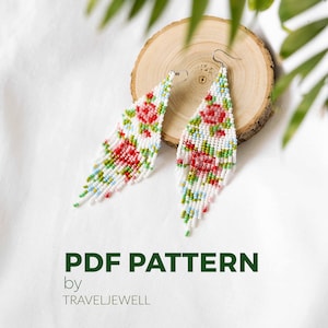 May include: A PDF pattern for beaded earrings with a floral design. The earrings are white with red, green and blue beads. The pattern is by TRAVELJEWELL.