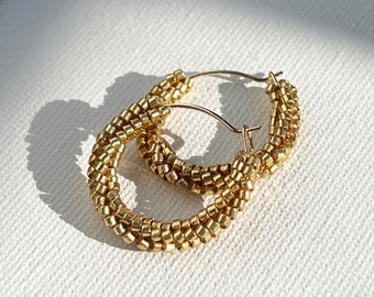 14k gold seed beads hoops - Minimalist hand made jewelry - Beaded earrings - Unique gift for women