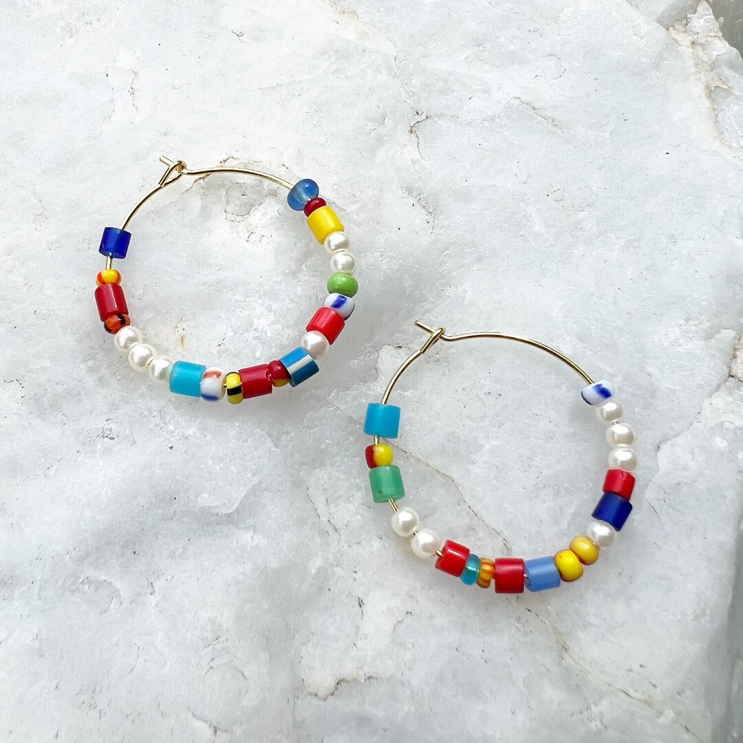 14k Seed Bead Hoops - Minimalist Hand Made Jewelry - Colorful Beaded ...