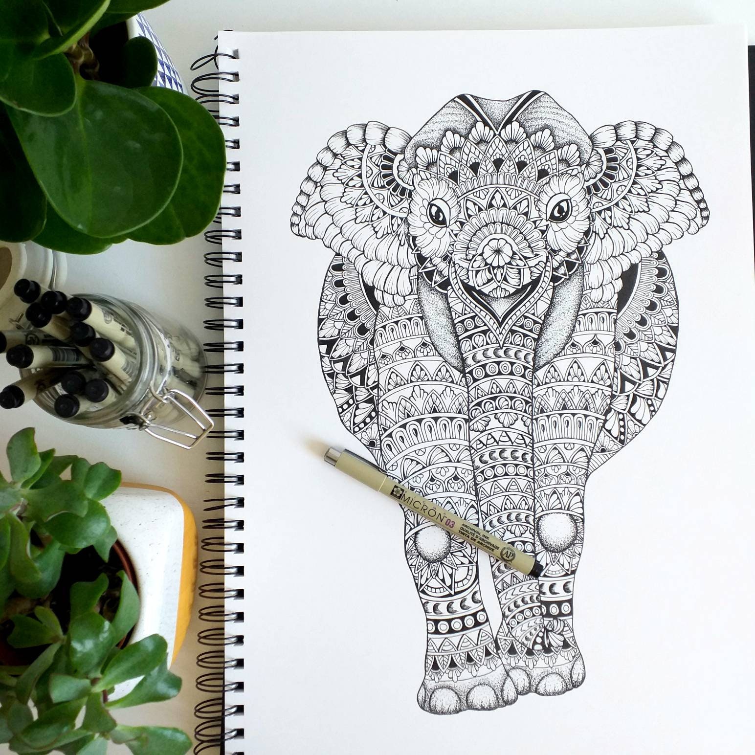 Elephant zentangle, pens, A4 : r/Art