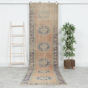 Handmade Turkish Oushak Runner Rug 3x11 , Vintage Scandinavian Carpet