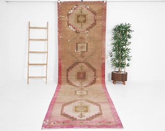 Vintage Turkish Oushak Runner Rug 3x12, Handmade Scandinavian Hallway Carpet