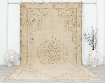 Tapis turc Oushak 7 x 12, grand tapis beige vintage, tapis fait main, tapis neutre, tapis de ferme, tapis unique, tapis, 7003