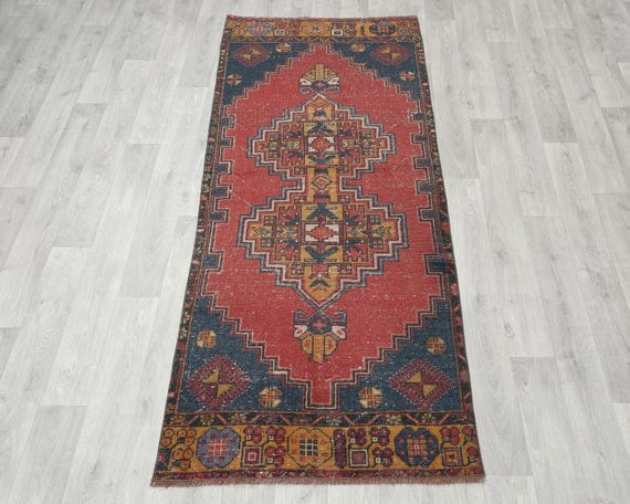 ヴィンテージラグ　トルコ　マット turkish rug 小さなヴィンテージトルコ製ウシャックラグ 3x7：手作り寝室用ラグ