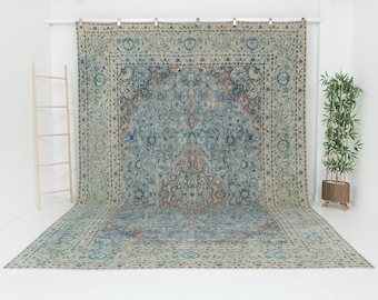 Könnte beinhalten: Großer, rechteckiger Teppich im Used-Look mit zentralem Medaillon-Design. Der Teppich weist eine Farbpalette aus Blau, Beige und Rosttönen auf. Das komplizierte Muster umfasst florale und geometrische Elemente, die eine Vintage-Ästhetik erzeugen. Der Teppich ist vor weißem Hintergrund ausgestellt.
