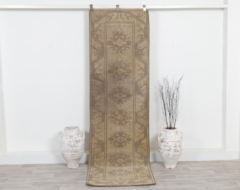 Vintage Turkish Wool Runner Rug 3x9: Handmade Oushak Hallway Rug