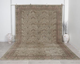 Large Vintage Turkish Oushak Rug 9x12: Handmade Neutral Area Carpet Rug
