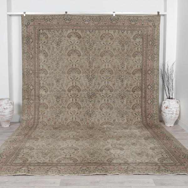 Groot vintage Turks oushak-tapijt 9 x 12: handgemaakt perzisch tapijttapijt met neutraal oppervlak