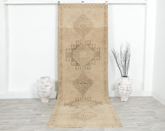 Handgefertigter Vintage Türkischer Oushak Teppichläufer: Skandinavisch Beige 100x300