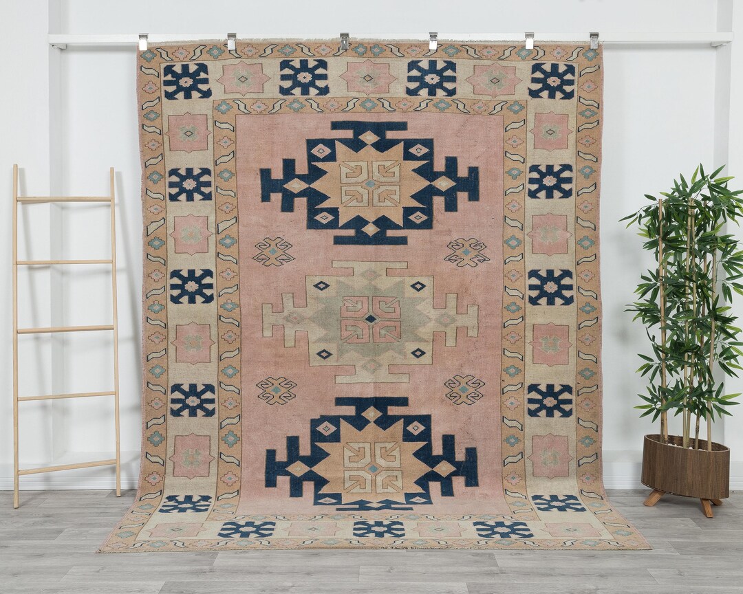 Geometric Turkish Rug 7x9, Tropical Oushak Rug, Vintage Rug 7x9 ...