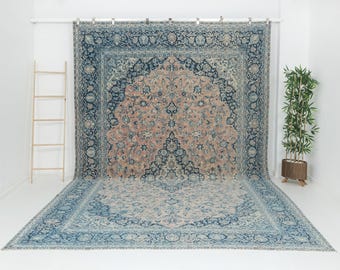 Large Vintage Oushak Rug 9x13 ,Neutral Turkish Handmade Area Carpet Rug