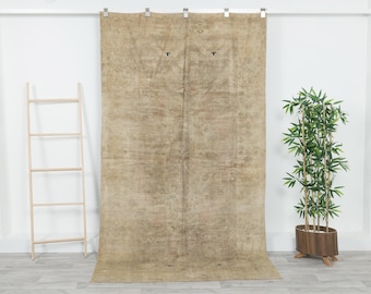 May include: A large, rectangular, beige rug with a distressed appearance. The rug is hanging on a white wall with metal clips. A wooden ladder and a potted plant are on either side of the rug.