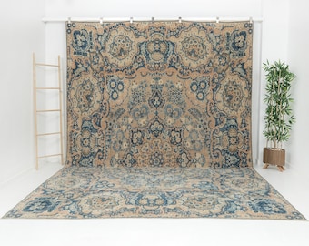 Vintage Turks oushak-tapijt 10 x 13: groot handgemaakt vloerkleed in Perzische stijl