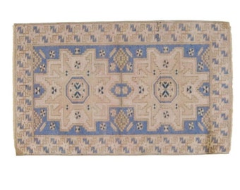 Beige Blue Turkish Small rug, 3x4 Vintage Oushak rug, Handmade Rug ,Bedroom rug, Nursery rug, Kid room rug, Coastal decor, 7476