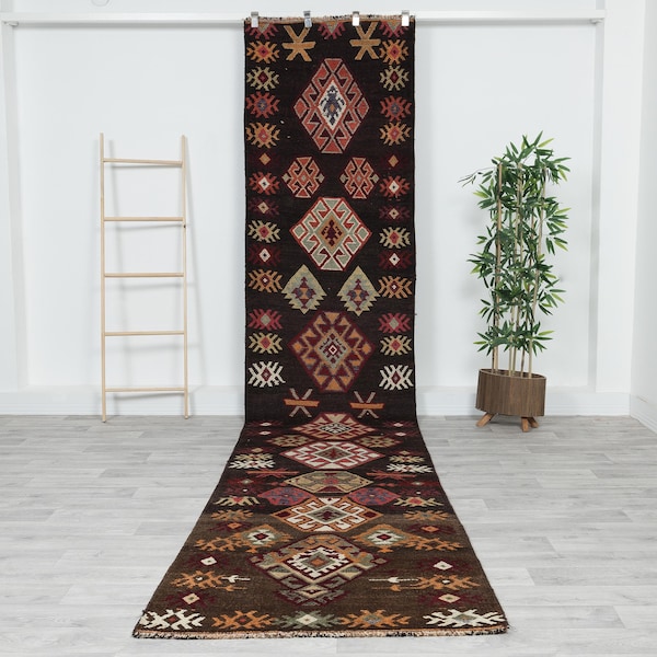 Vintage Turkish Oushak Runner Rug 3x14: Primitive Hallway Rug