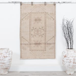 3x4 Small Beige Vintage Turkish Oushak Rug, Door mat, Bath mat, Entryway rug