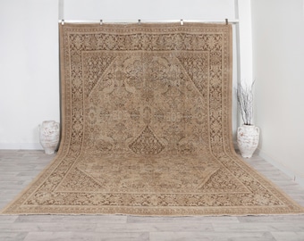 10x13 Vintage Turkish Oushak Rug: Large Neutral Area Carpet Rug